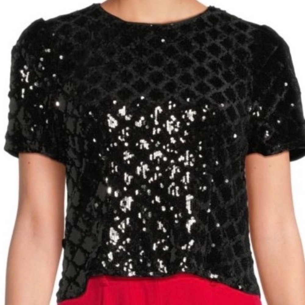 Nanette Lepore Black Velvet Sequin Top Blouse Womens Small  Luxury Sparkly Bling